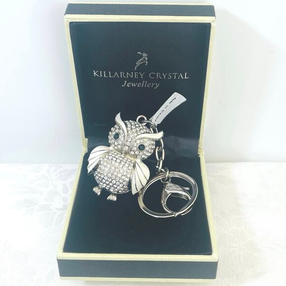 New KILLARNY CRYSTAL OWL Hearts Keychain Enamel Ireland Fob QVC Silver White - Picture 2 of 10